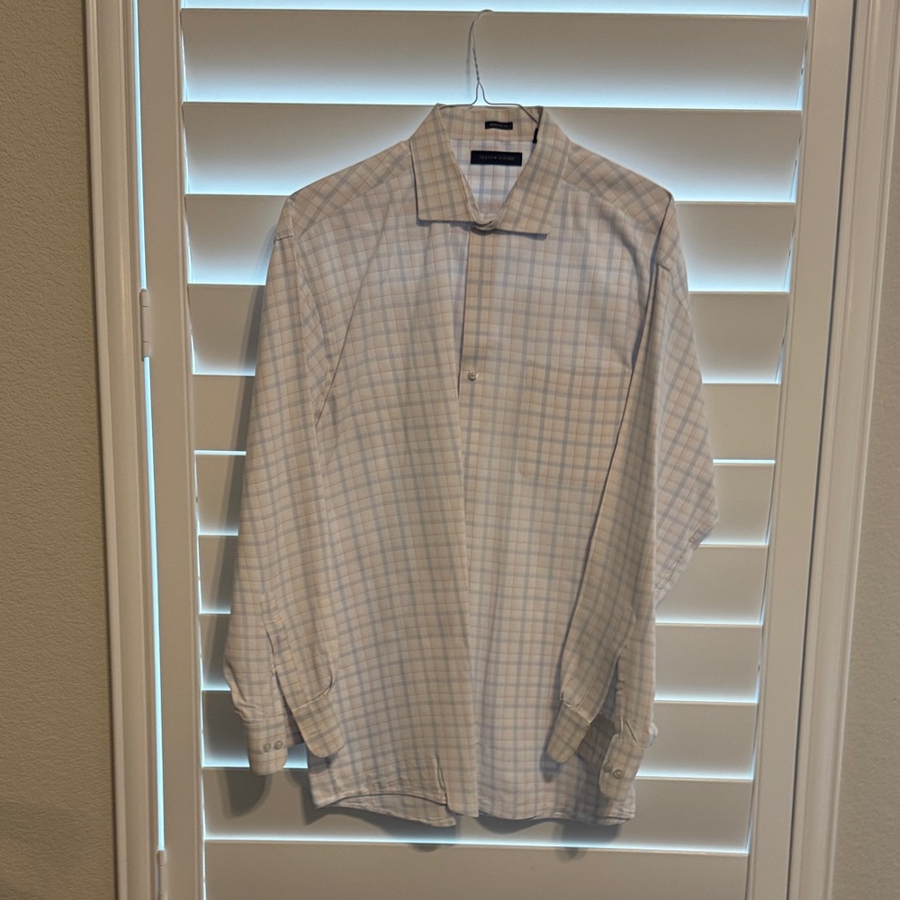 Tommy Hilfiger White and Blue Plaid Dress Shirt